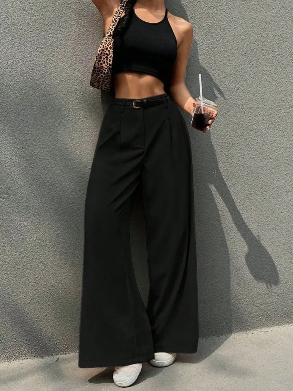 Black Casual Women's High-Waisted Belted Wide Leg Pants Button Pocket Zipper - Picture 6 of 6